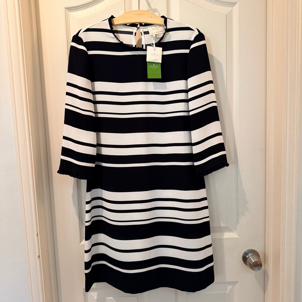 Kate Spade Elegant Black and White Striped 3/4 Sleeve Dress